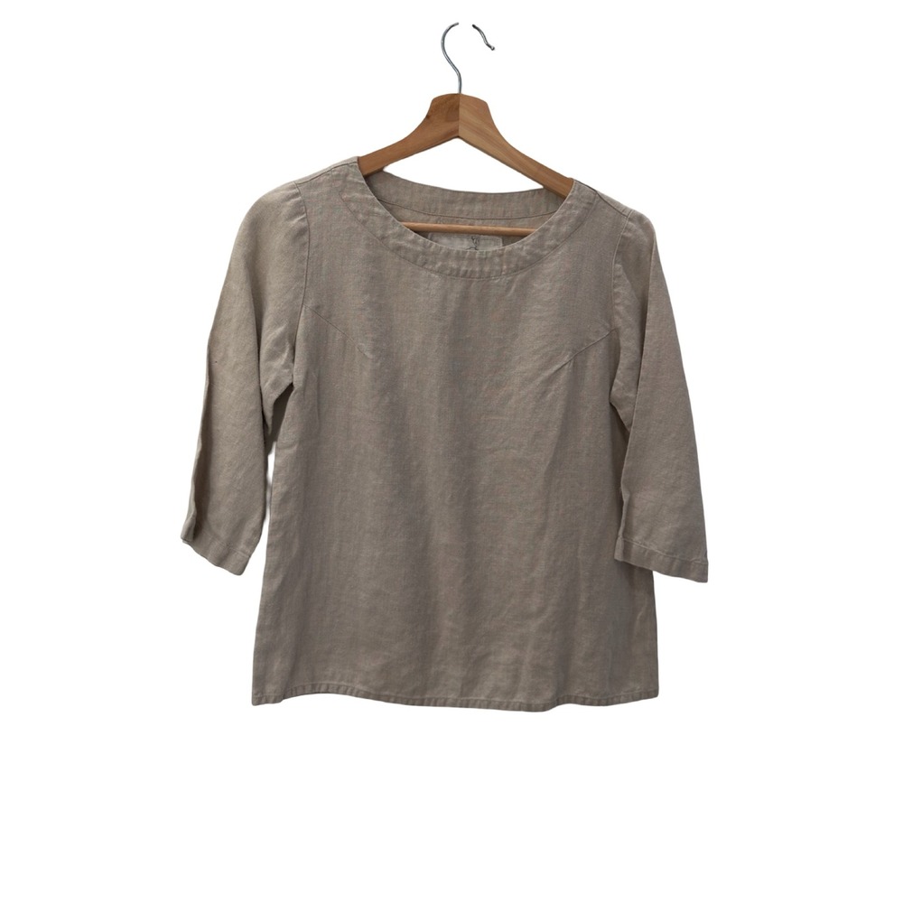 Not PERFECT LINEN Beige Linen Boat Neck 3/4 Sleeve Blouse Top Small